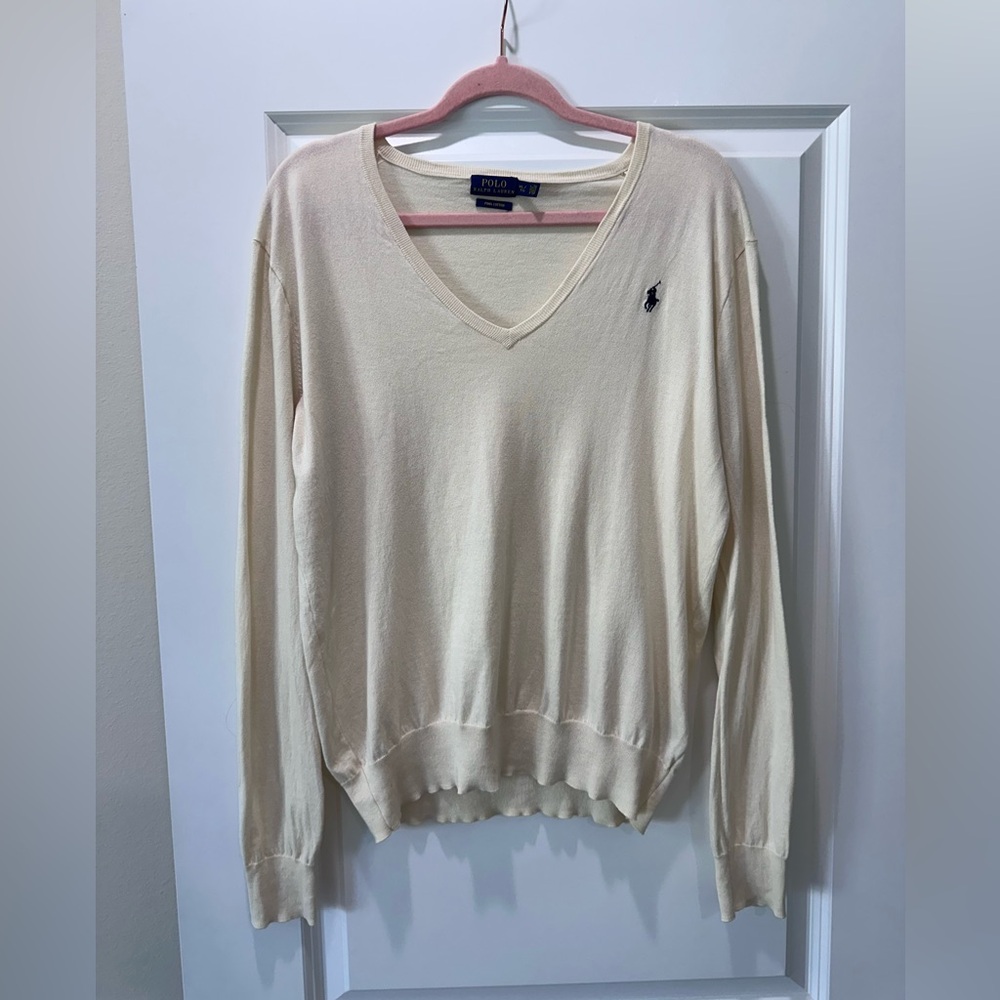 Ralph Lauren Polo 100% Pima Cotton Cream Tan V-Neck Womens Sweater